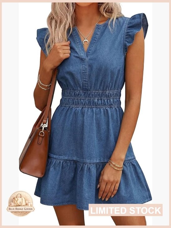 Dresses & Skirts - Denim Dress Ruffle Sleeve Empire Waist A-Line Mini Tiered Flowy with Pockets